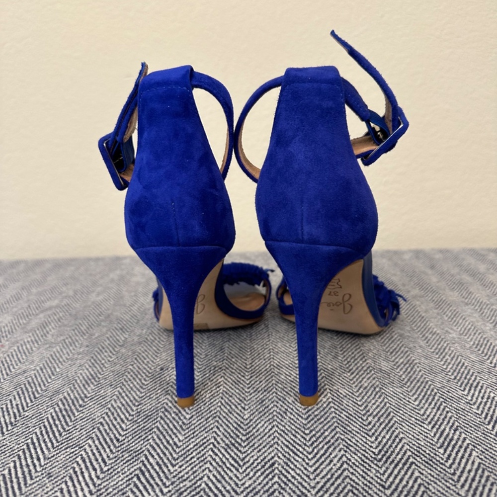 JOIE - Suede Pippi Naked Suede Fringe Royal Blue Heeled Ankle Strap Sand… - Picture 3 of 7